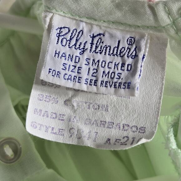 Polly Flinders Baby Dress 12M Green Hand Smocked Embroidered Vintage Ruffle Hem - Picture 4 of 9